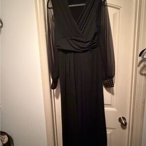SHEIN Black Long Sleeve V-Neck Maxi Dress with Sheer Bishop Sleeves